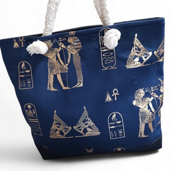 Midnight Blue Egyptian Graphic Beach Bag w/ Rope Handles & Gold Foil Design NWOT - Picture 2 of 9